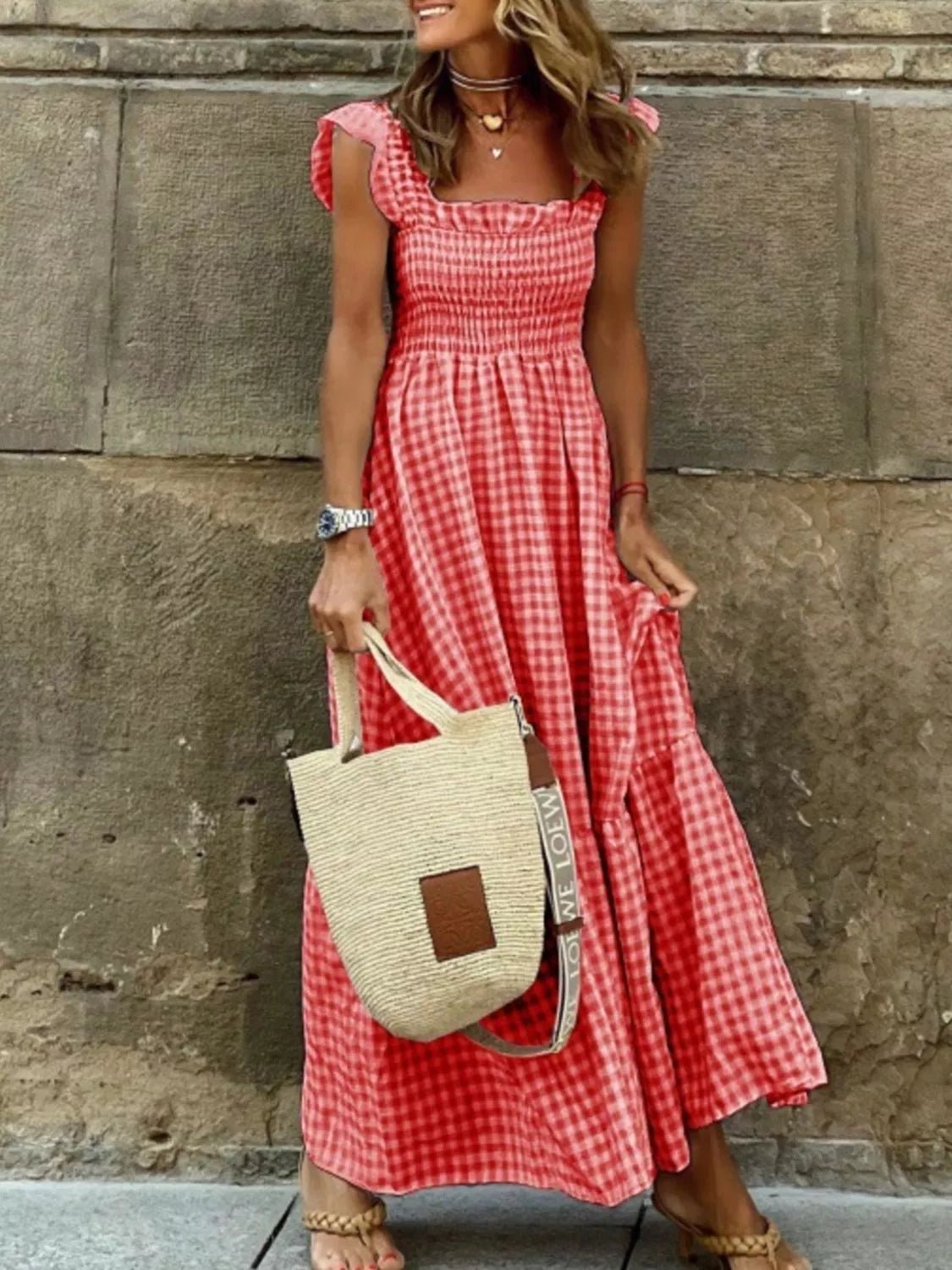 Full Size Gingham Smocked Ruffle Maxi Dress Plus Size - Kenner House Emporium