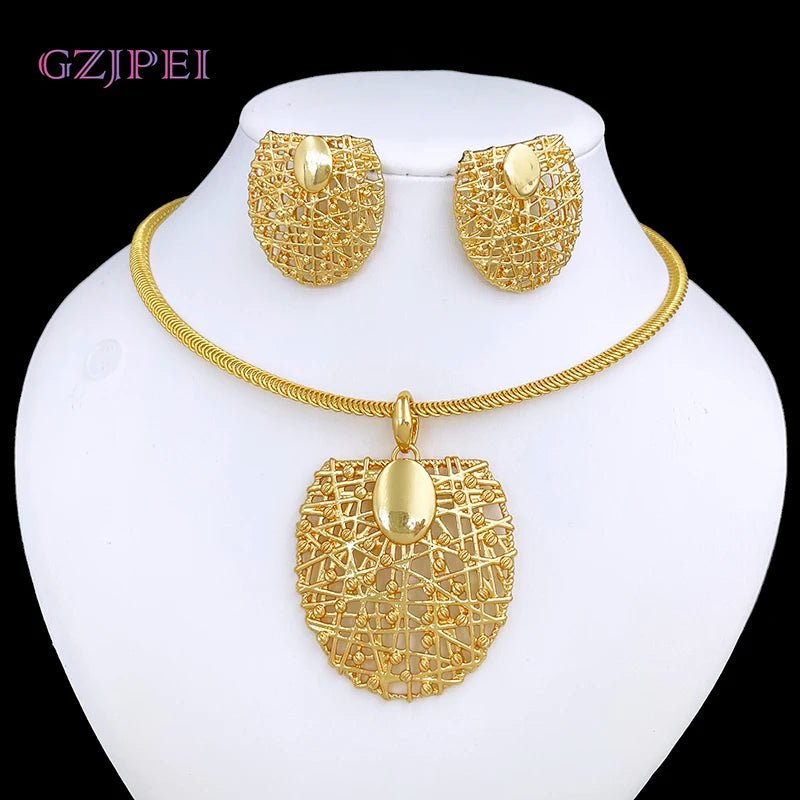 Gold Color Necklace Earrings Set For Women Unique Choker Pendant Earrings 3Pcs Set Jewelry Quality Accessories - Kenner House Emporium