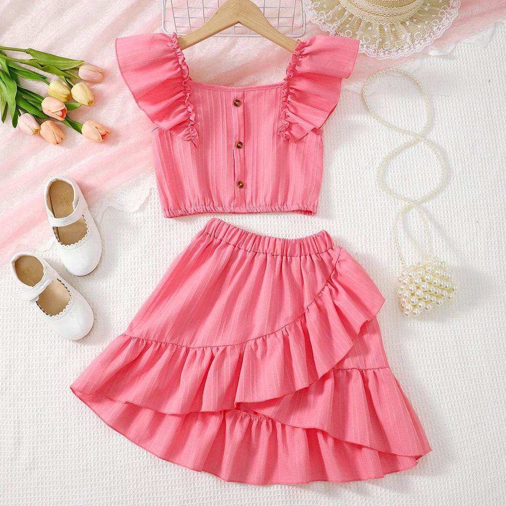 Kid Girls Summer Princess Clothing Set Flutter Sleeve Plain Color Tops+Short Skirt Sweet Style Party Wear For Child 8 - 12 Years - Kenner House Emporium