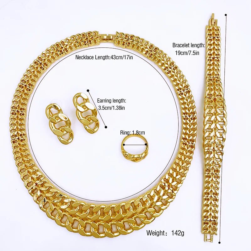 Luxury Dubai Nigeria Gold Color Women Jewelry Set Classic Design 18K Gold Plated Cuban Chain Earring Necklace Ring Bracelet Part - Kenner House Emporium