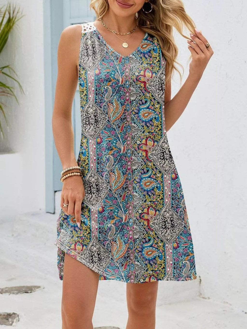 Floral Print V - Neck Crochet Back Mini Dress - Kenner House Emporium