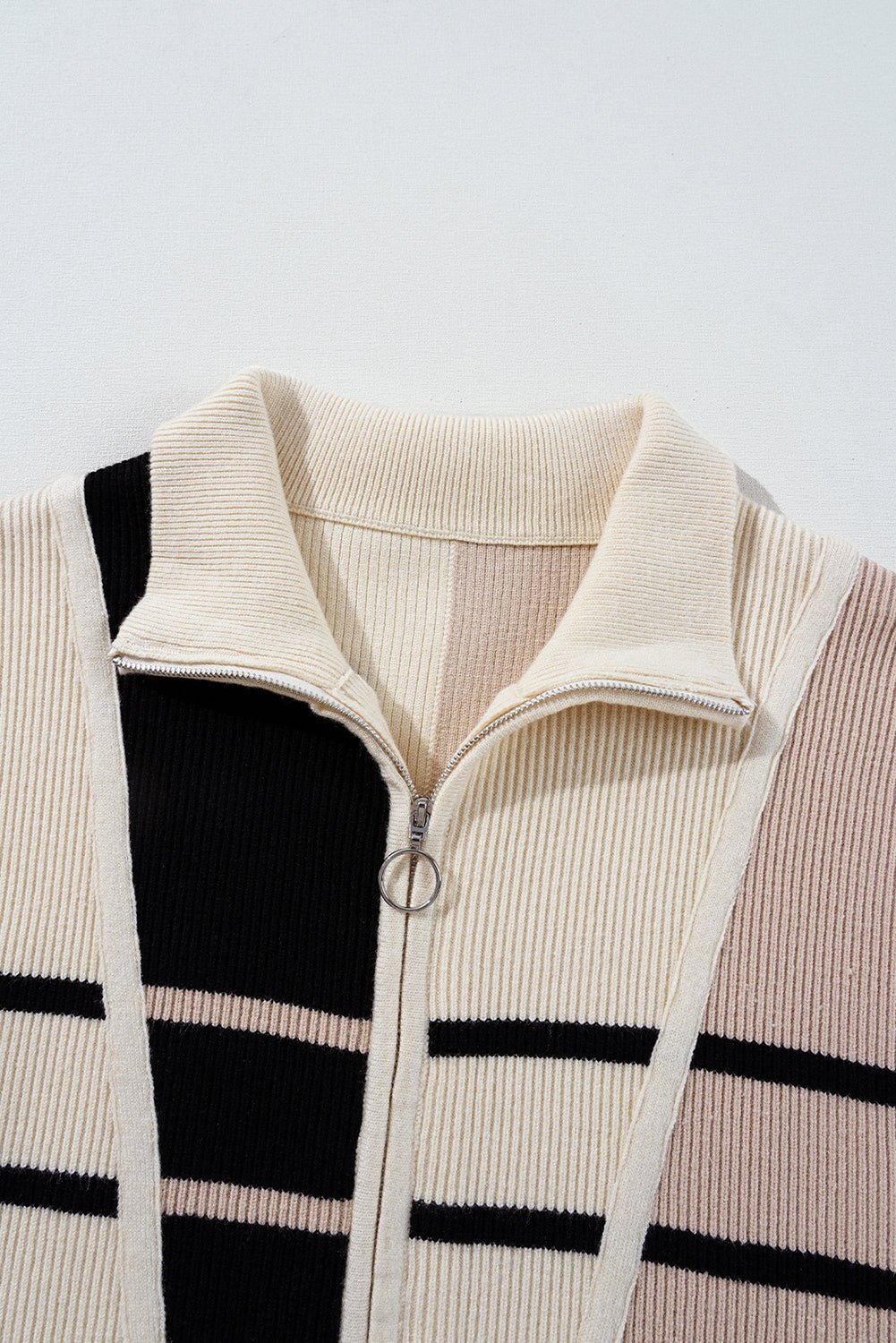 Khaki Stripe Color Block Short Sleeve Quarter Zip Mini Dress - Kenner House Emporium