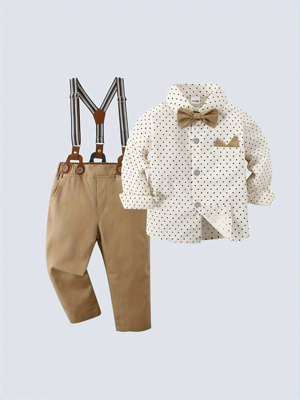 Toddler Baby Boys Gentleman Outfits, 2pcs Long Sleeve Lapel Shirt With Bow And Bib Pants Set, Handsome For Birthday Party Evening Party Performance Wedding Lunar New Year Banquet - Kenner House Emporium