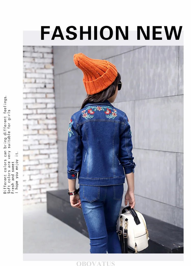 Fashion Kids Girl Denim 2 Piece Set Jacket and Jeans Embroidery Flower Jeans Jacket and Pants Set Child Vintage Spring Clothes - Kenner House Emporium