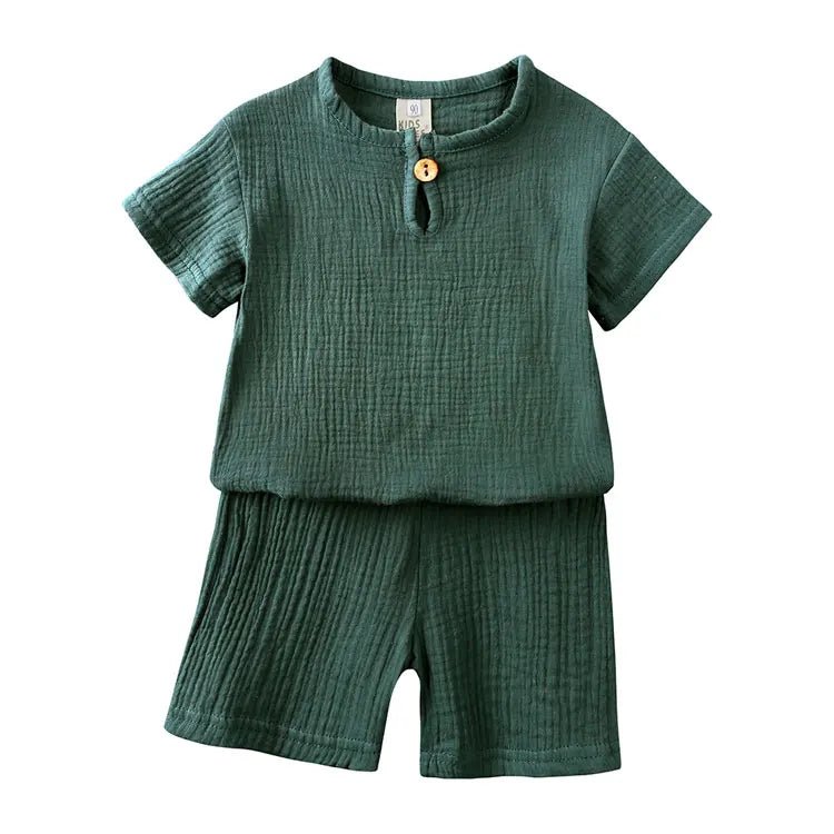 Cotton Linen Kids Clothes Girls Outfit Summer Boy Clothing Sets Solid Color Short Sleeve Tops Shorts Children Clothing 2 - 7 Years - Kenner House Emporium