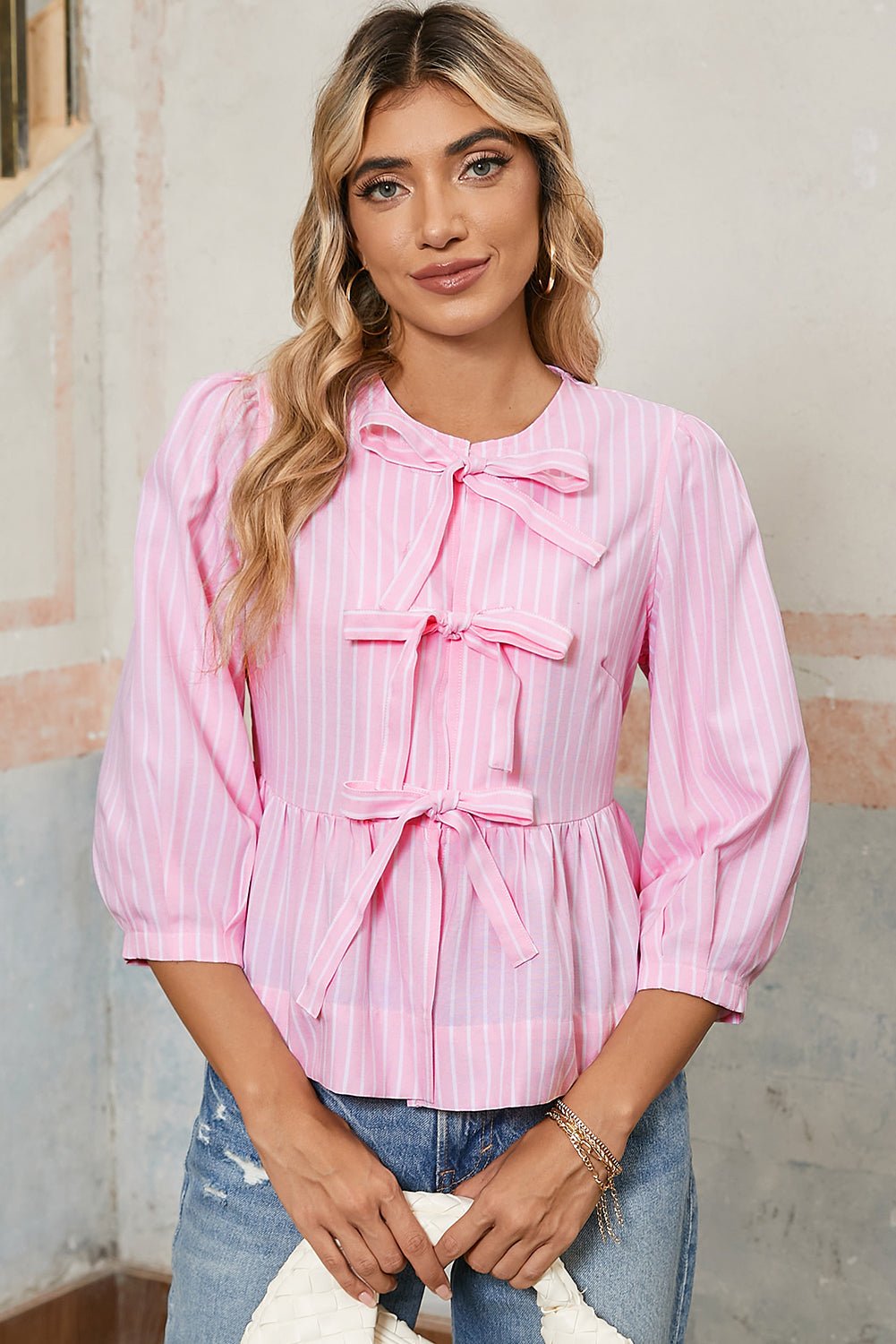 Pink Striped Print Sweet Bow Tie Blouse - Kenner House Emporium