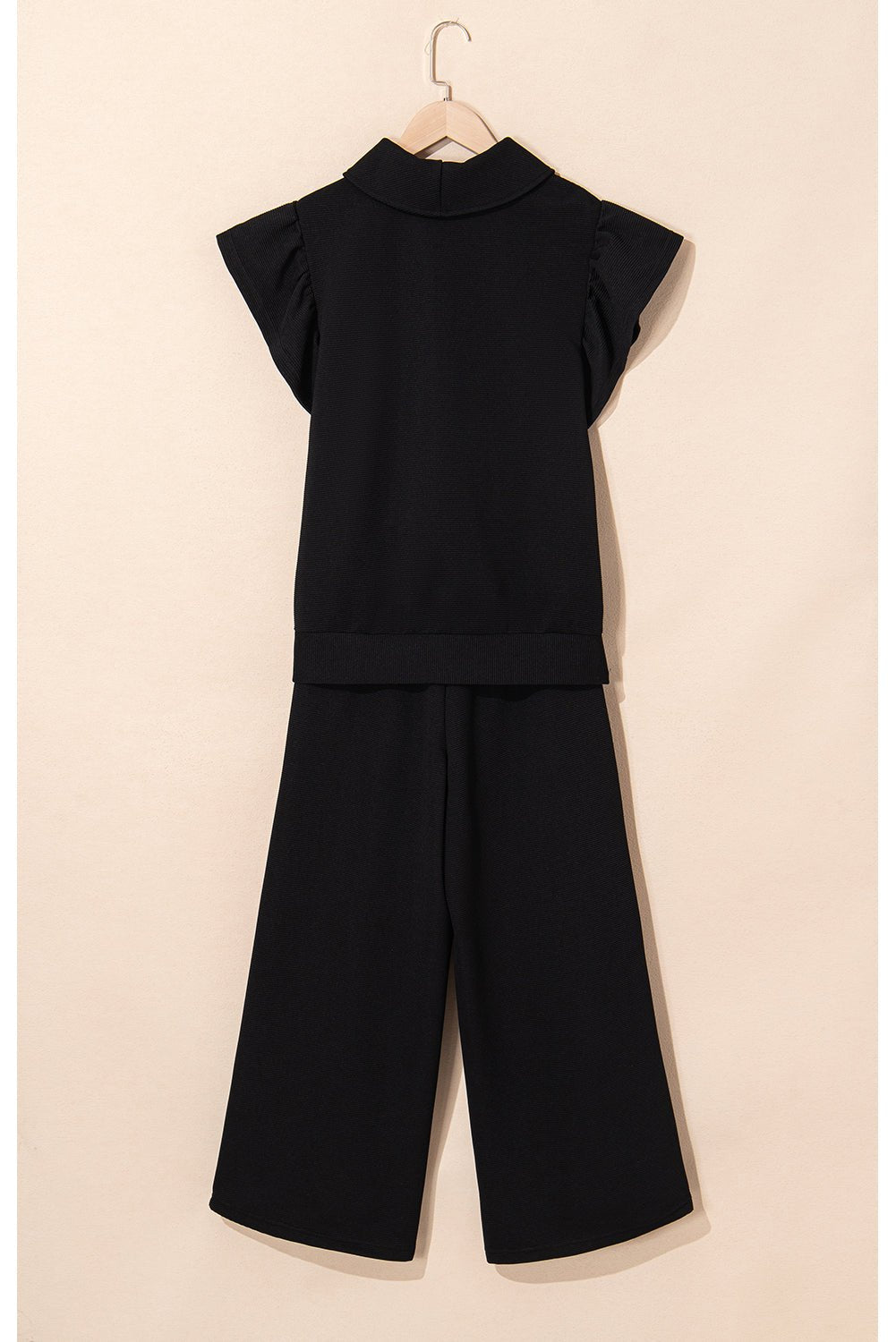 Black Textured Ruffle Sleeve Zipped Top and Wide Leg Pants Set - Kenner House Emporium