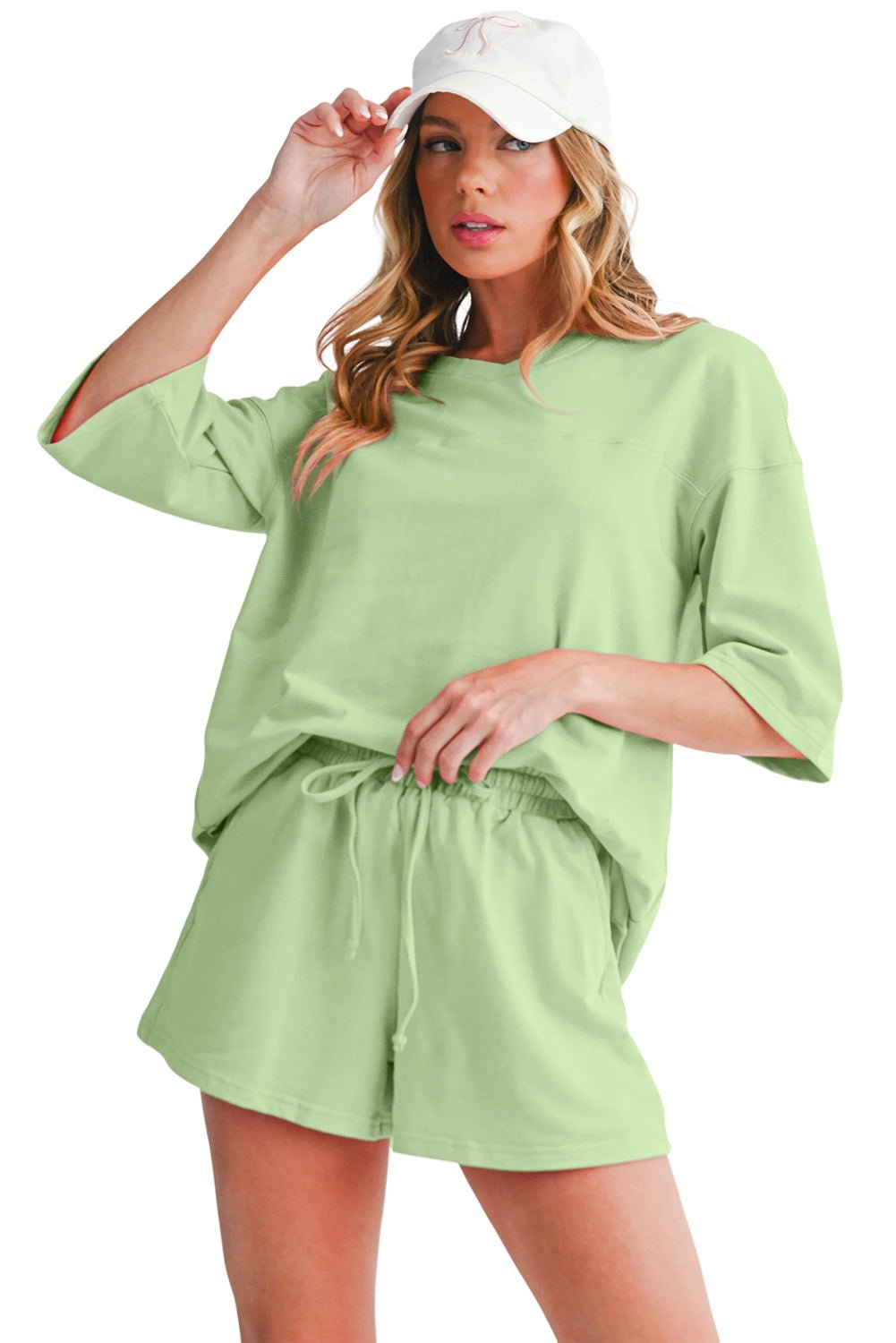 Meadow Mist Green Loose V Neck Tee and Drawstring Shorts Set - Kenner House Emporium
