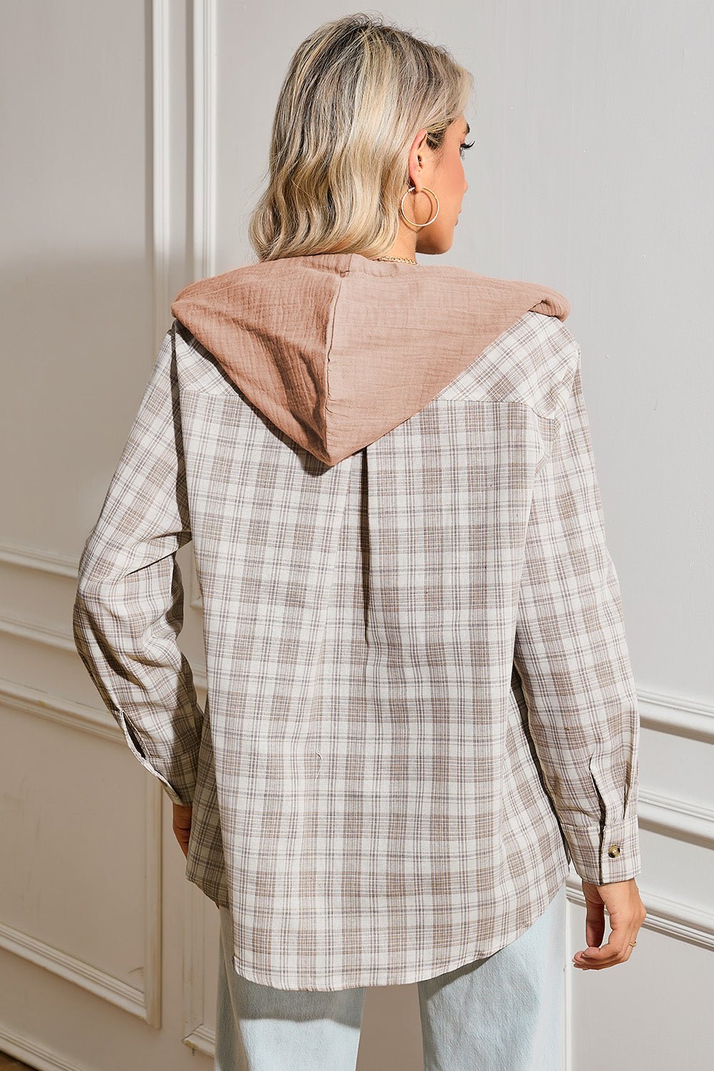 Khaki Checkered Print Hooded Patchwork Loose Fit Shacket - Kenner House Emporium