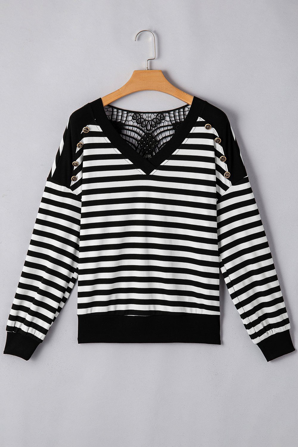Black Stripe Crochet Hollow - out Back Buttoned Decor V Neck Top - Kenner House Emporium