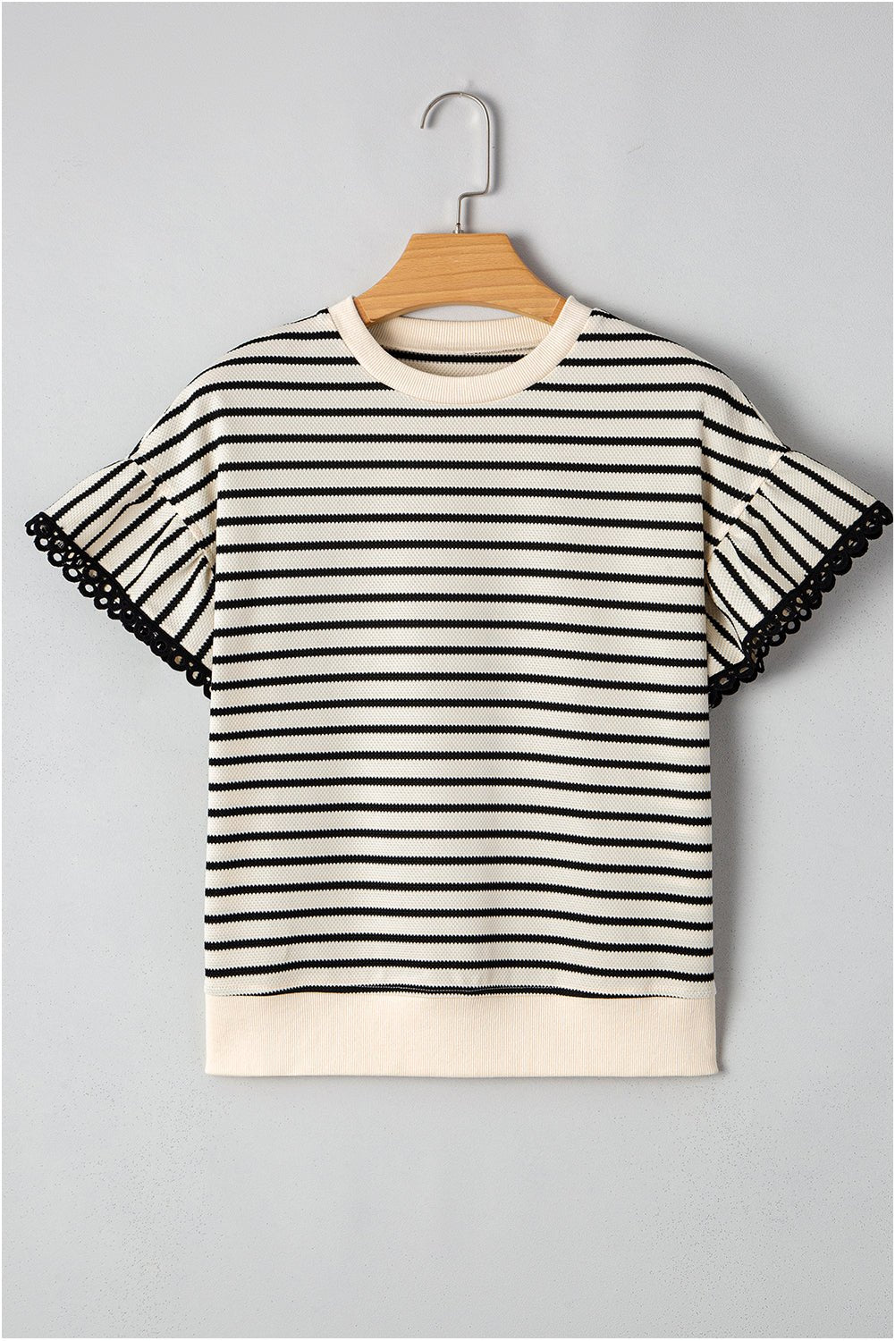 Black Stripe Scallop Lace Trim Ruffle Sleeves Crewneck Top - Kenner House Emporium