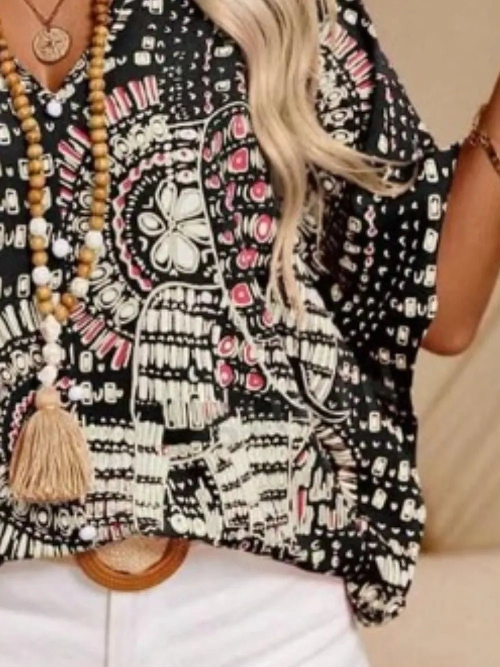 Printed V - Neck Half Sleeve Top - Kenner House Emporium