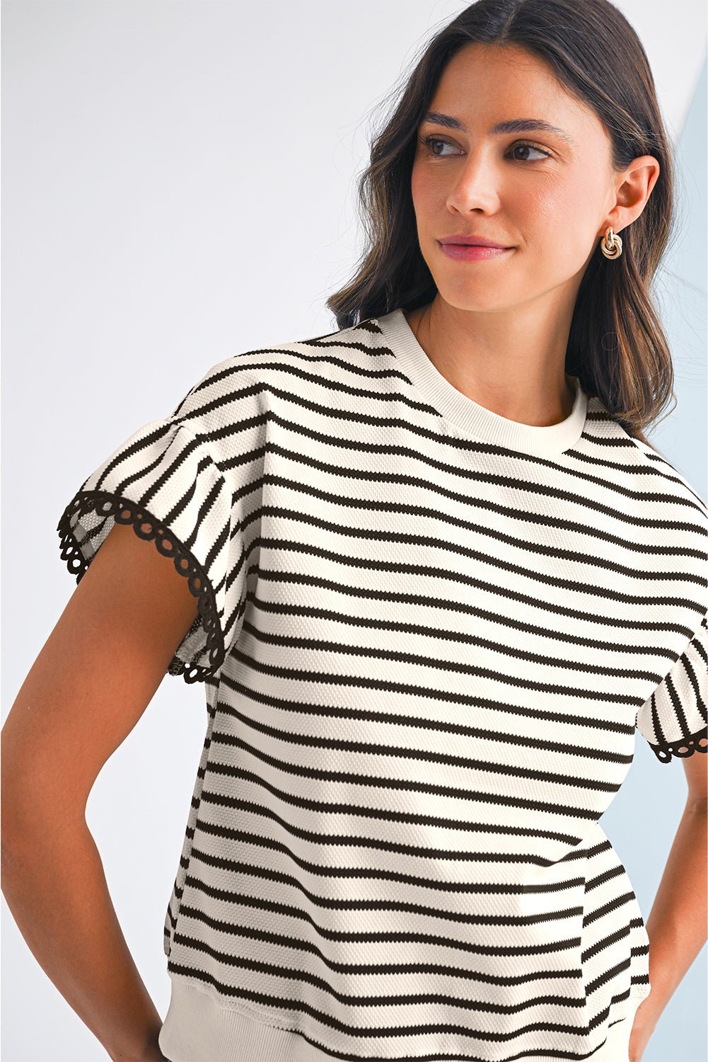 Black Stripe Scallop Lace Trim Ruffle Sleeves Crewneck Top - Kenner House Emporium