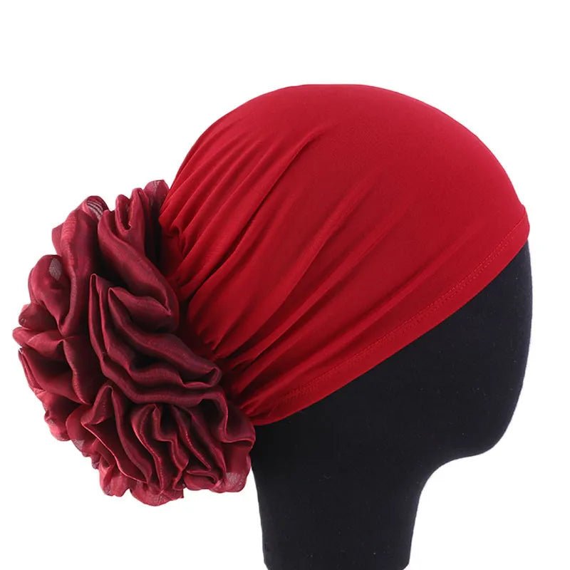 Women's Chiffon Headscarf With Flower Decoration,Monochromatic Elastic Breathable Head Wrap Suitable For Spring,Summer,Autumn - Kenner House Emporium
