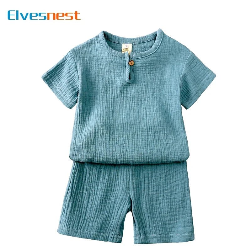Cotton Linen Kids Clothes Girls Outfit Summer Boy Clothing Sets Solid Color Short Sleeve Tops Shorts Children Clothing 2 - 7 Years - Kenner House Emporium