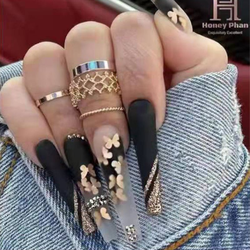 [24pcs Press - On Nails] Lirches 24pcs Press - On Nails, Hot Golden Butterfly Fake Nails, Pre - made Matte Golden Glitter Wearable Nail Tips, Light Luxury Rhinestone Style, Instagram - Inspired Manicure Nail Stickers, Includes Jelly - Kenner House Emporium