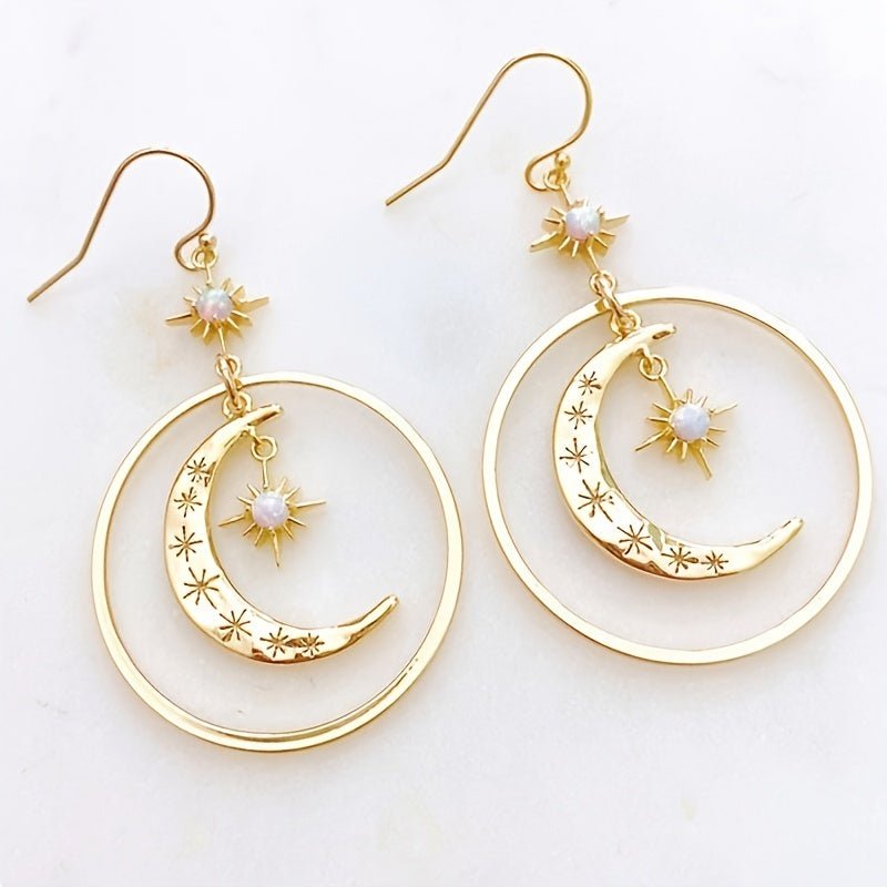 Elegant Boho - Chic Golden - Tone Moonstone Dangle Earrings for Women - Crescent Moon with Star Motifs, Zinc Alloy, Perfect for Daily Wear & Parties, Moon Earrings - Kenner House Emporium