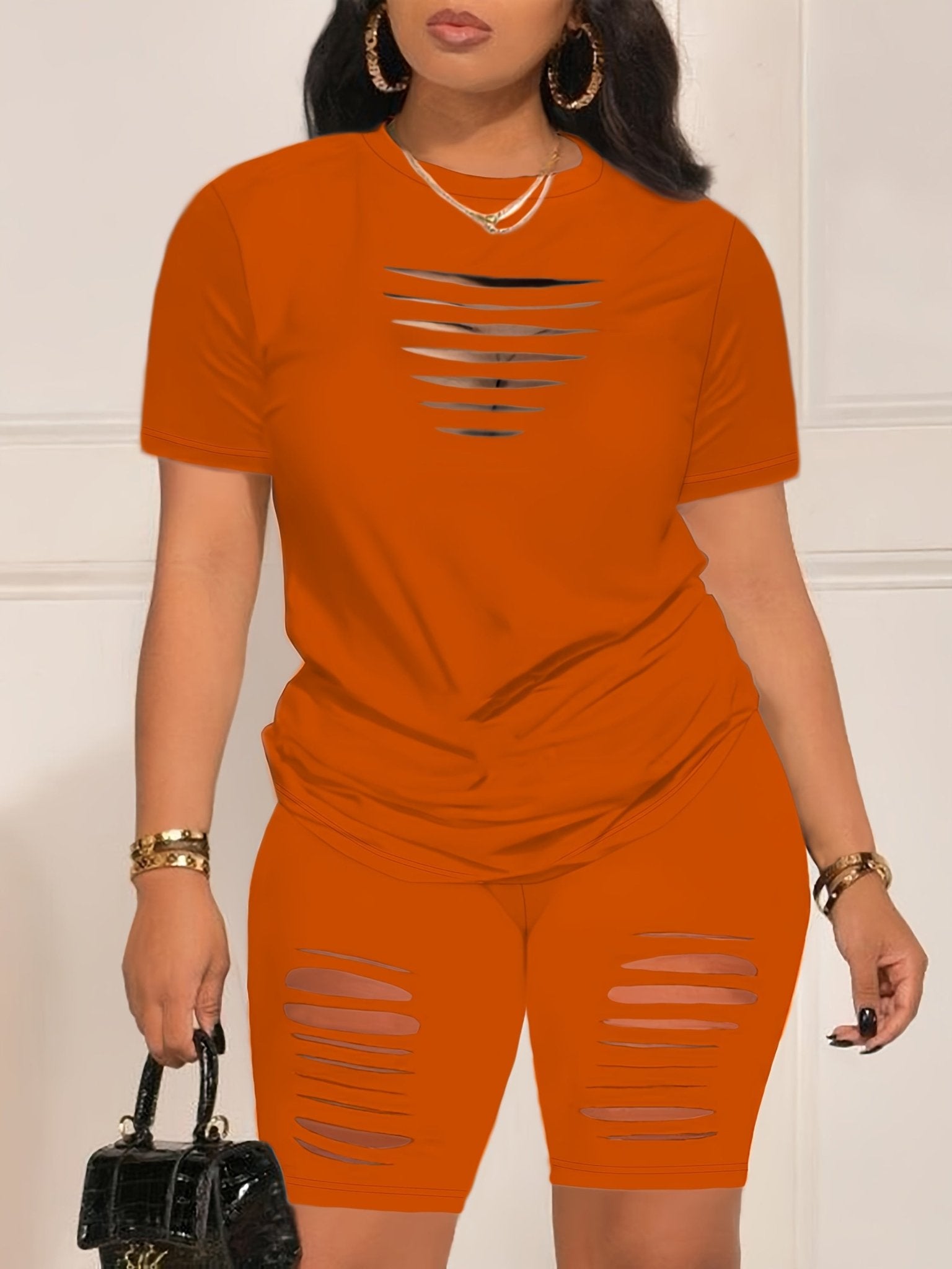 Summer Shorts Set - Pantsuits for Women, Crew Neck Short Sleeve Top & Shorts Outfits, Ripped Casual Clothing for Spring and Summer, Comfortable and Stylish Women's Clothing - Kenner House Emporium