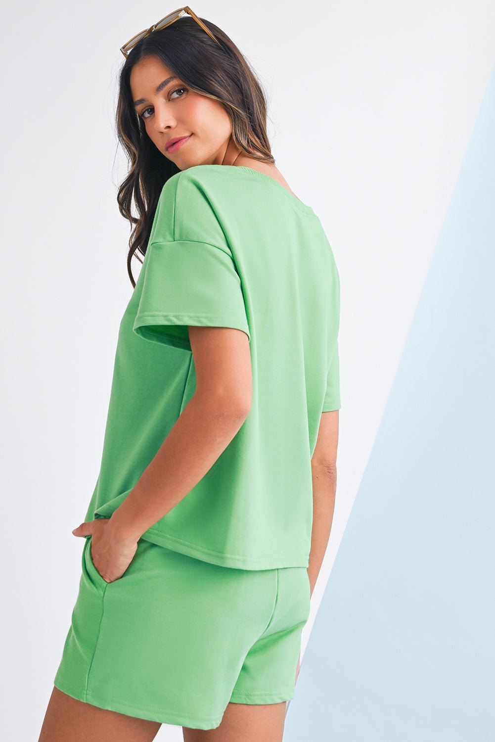 Mint Green V Neck Drop Shoulder Tee and Patchwork Shorts Set - Kenner House Emporium